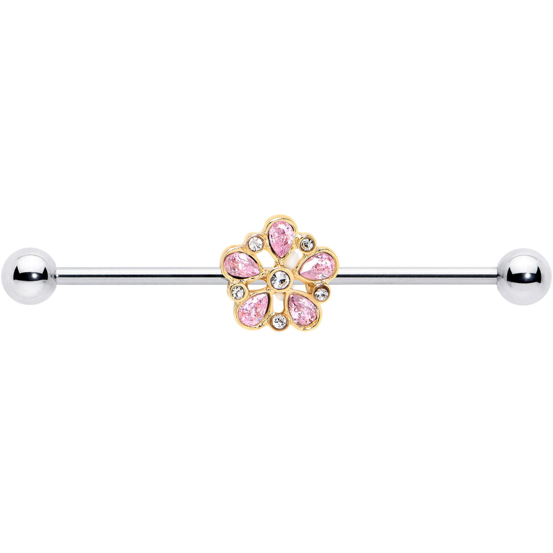 14G Pink Gem Filigree Flower Fantasy Industrial Barbell 38mm