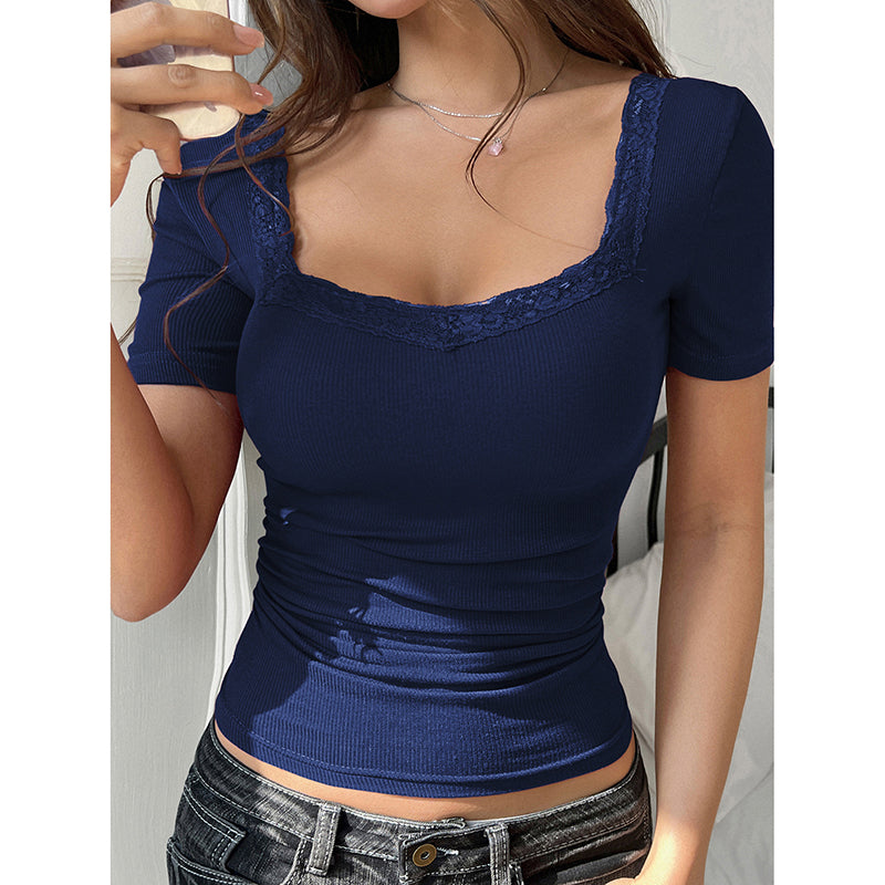 Y2K Lace Trim Slim Fit Tee U-Neck Short Sleeve Top