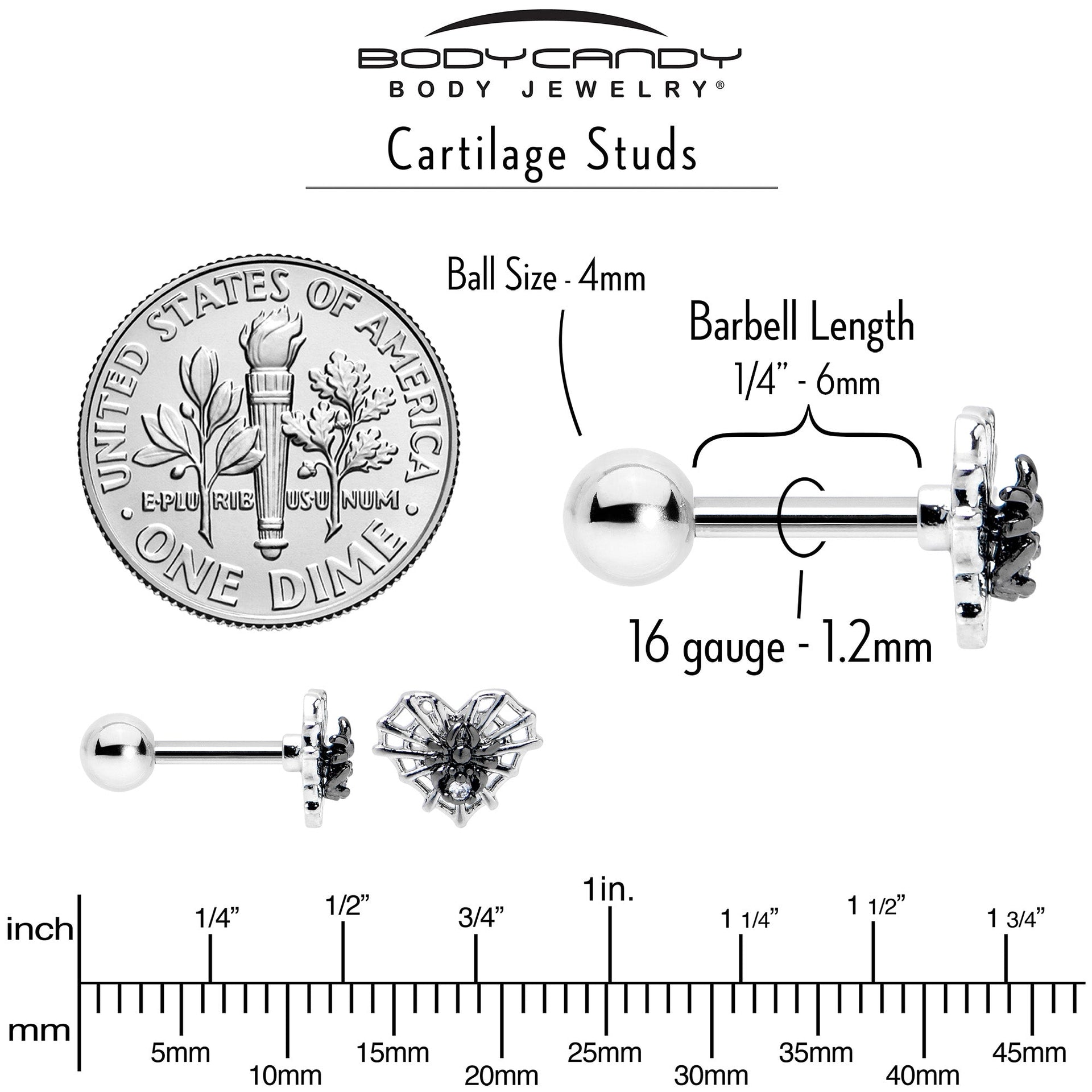 16G 1/4 Clear CZ Gem Heart of Spider Cartilage Tragus Earring