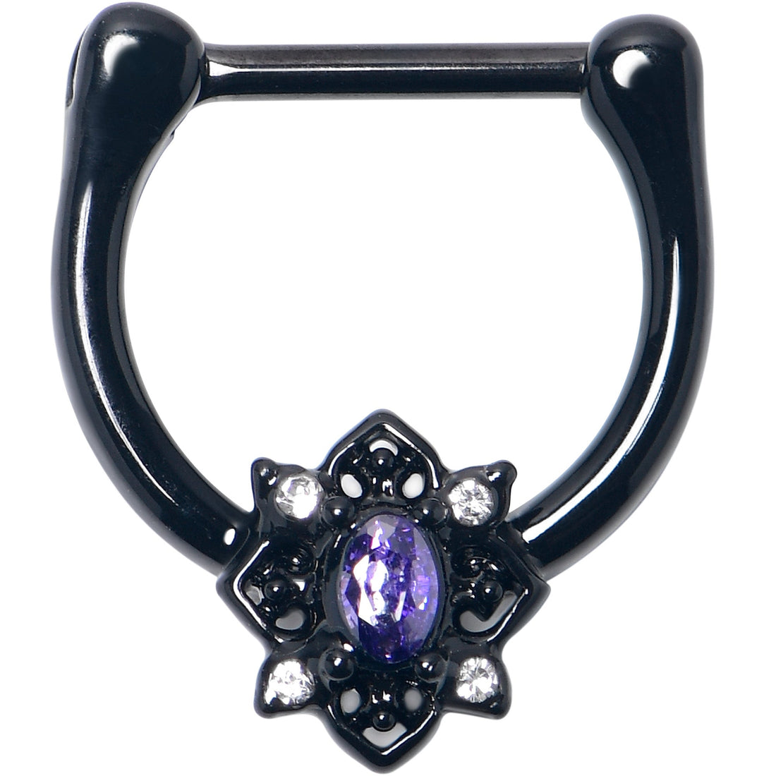 16G 5/16 Purple Gem Black Scrolling Hearts Cartilage Clicker