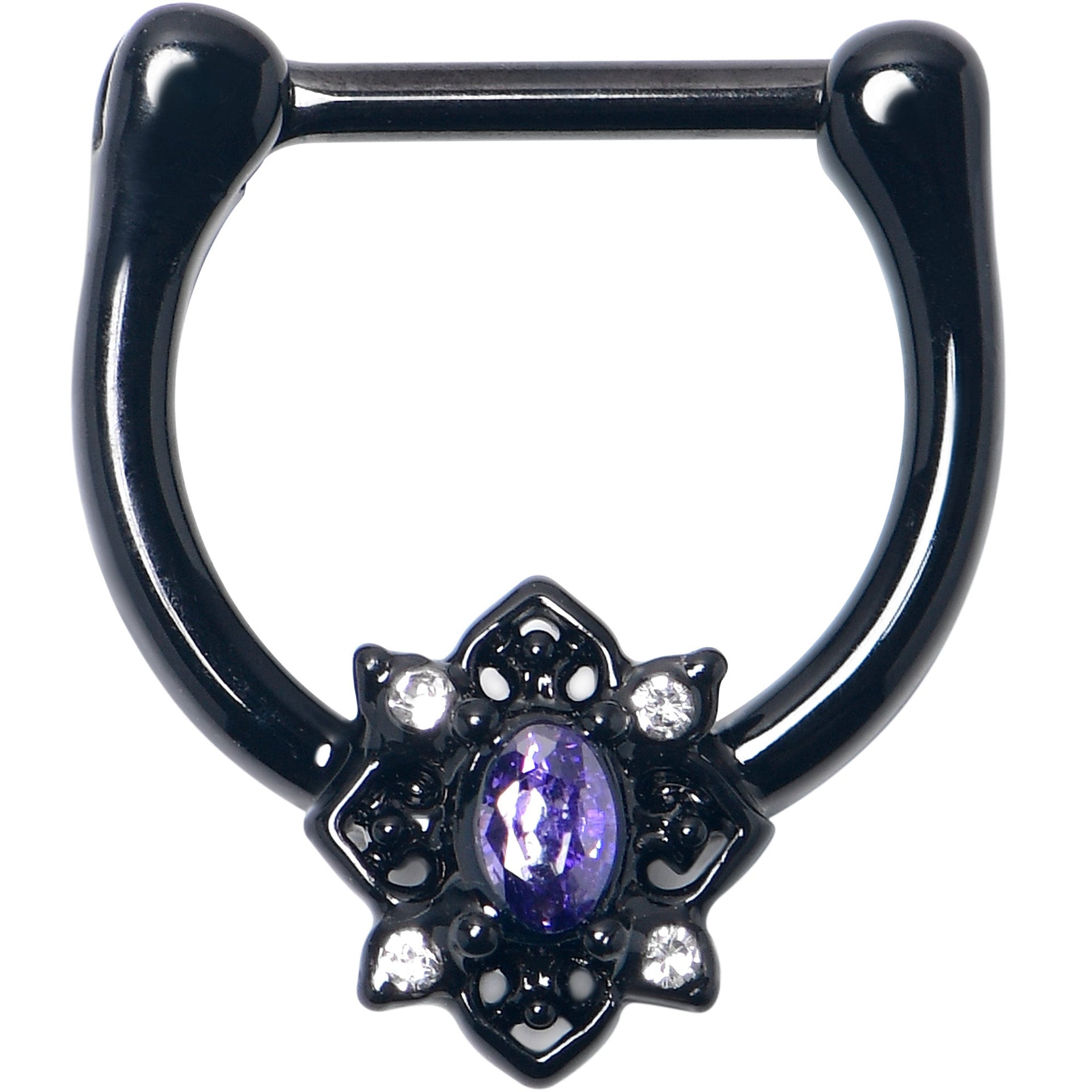 16G 5/16 Purple Gem Black Scrolling Hearts Cartilage Clicker