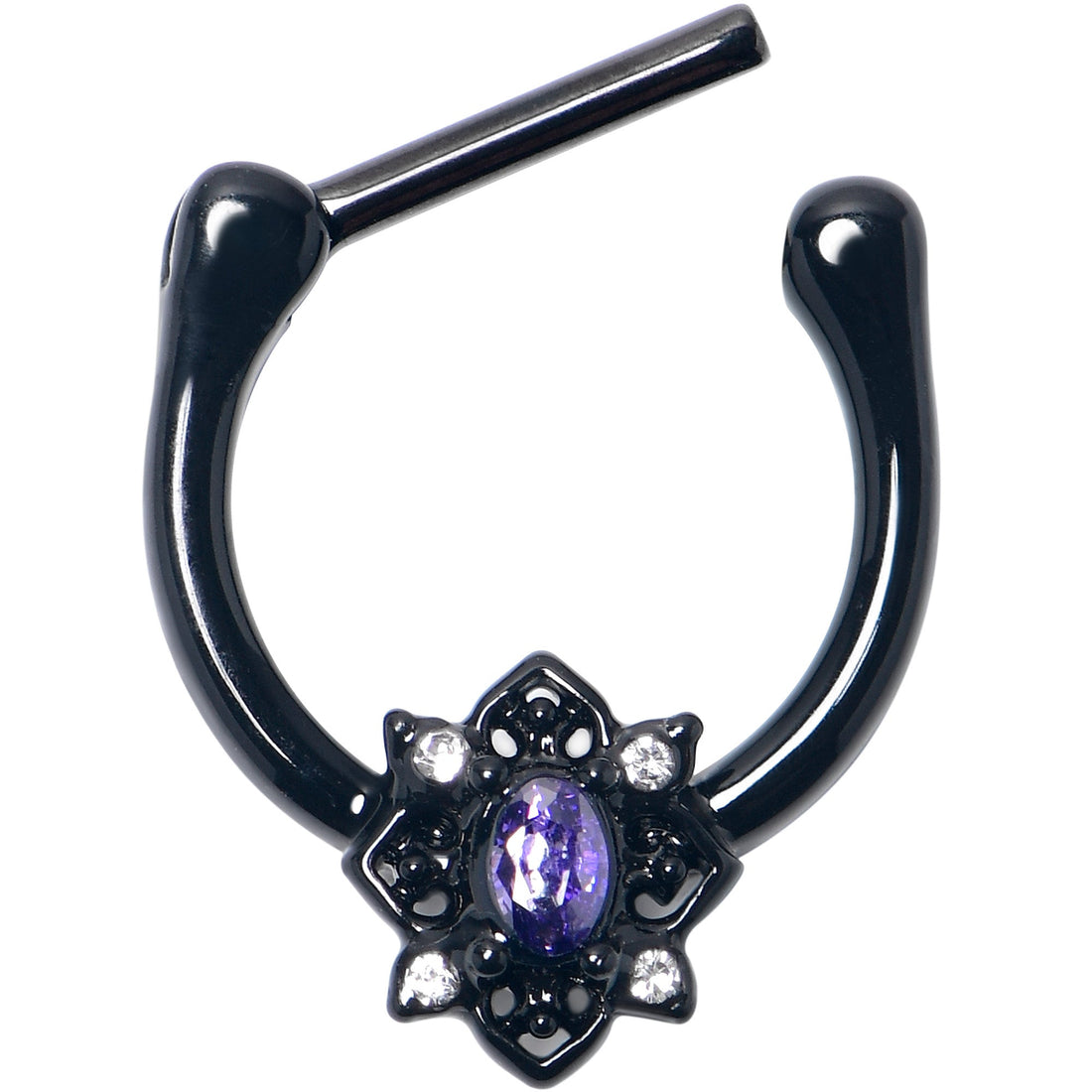 16G 5/16 Purple Gem Black Scrolling Hearts Cartilage Clicker