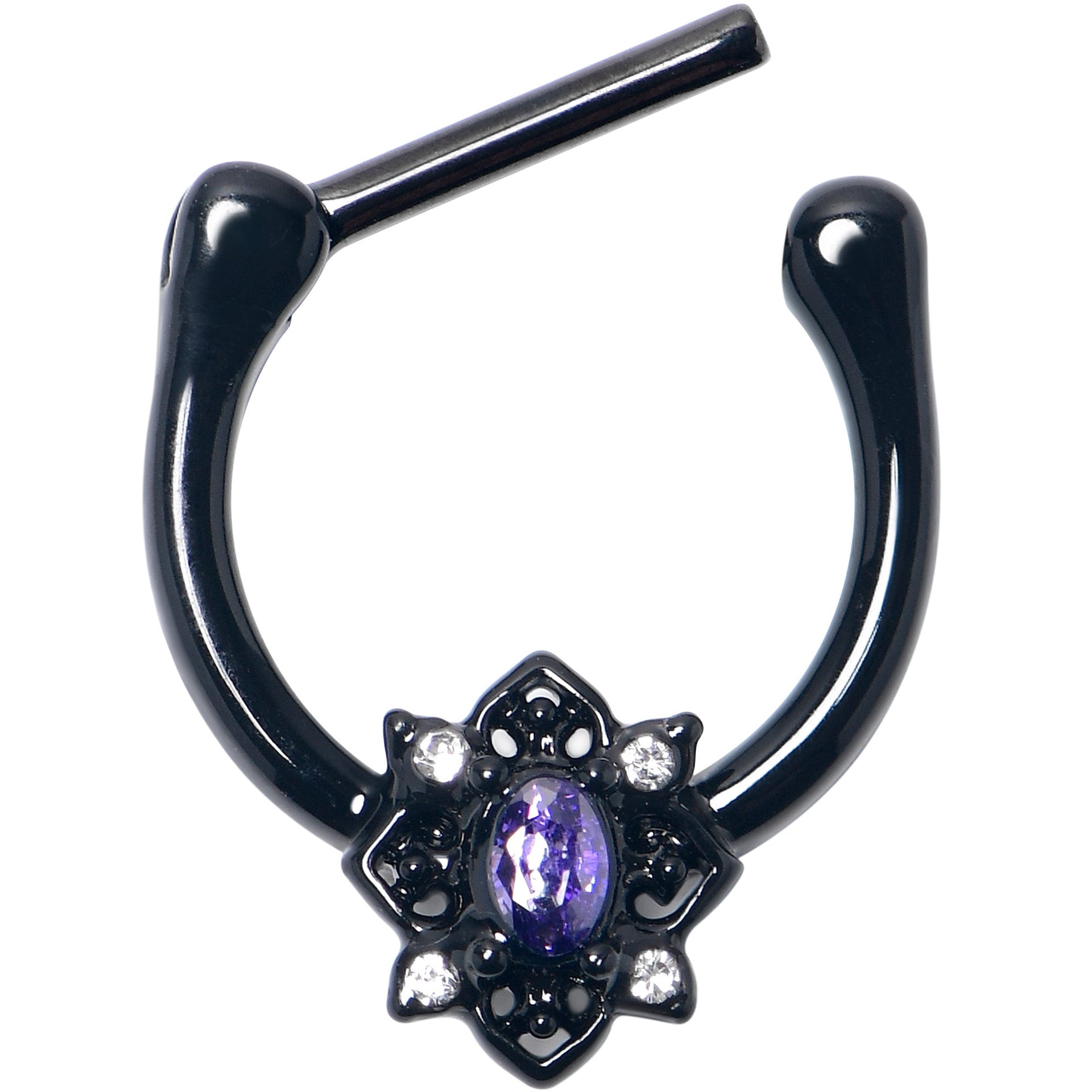 16G 5/16 Purple Gem Black Scrolling Hearts Cartilage Clicker