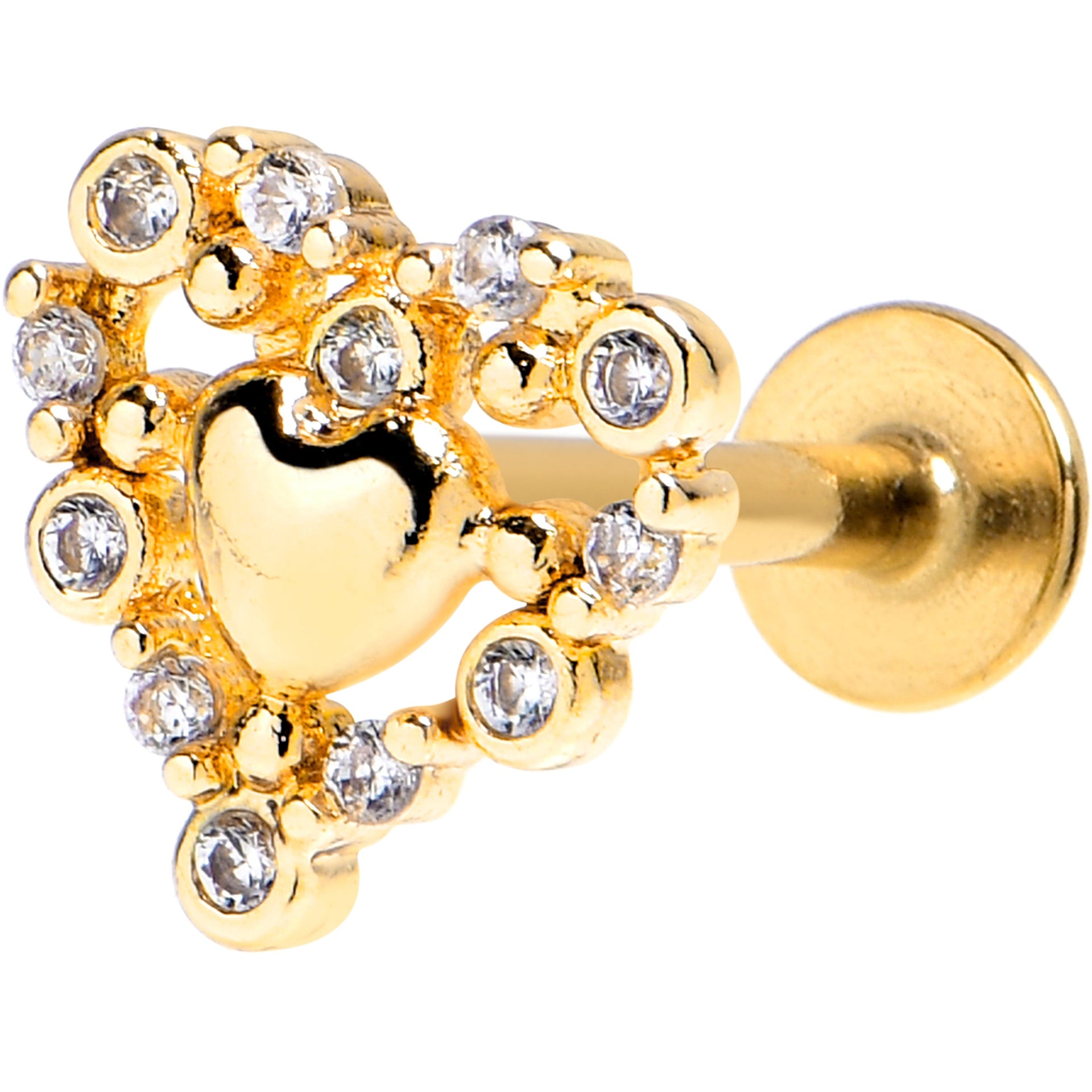 16G 5/16 Clear CZ Gem Gold Tone Heart Duo Labret Monroe Tragus