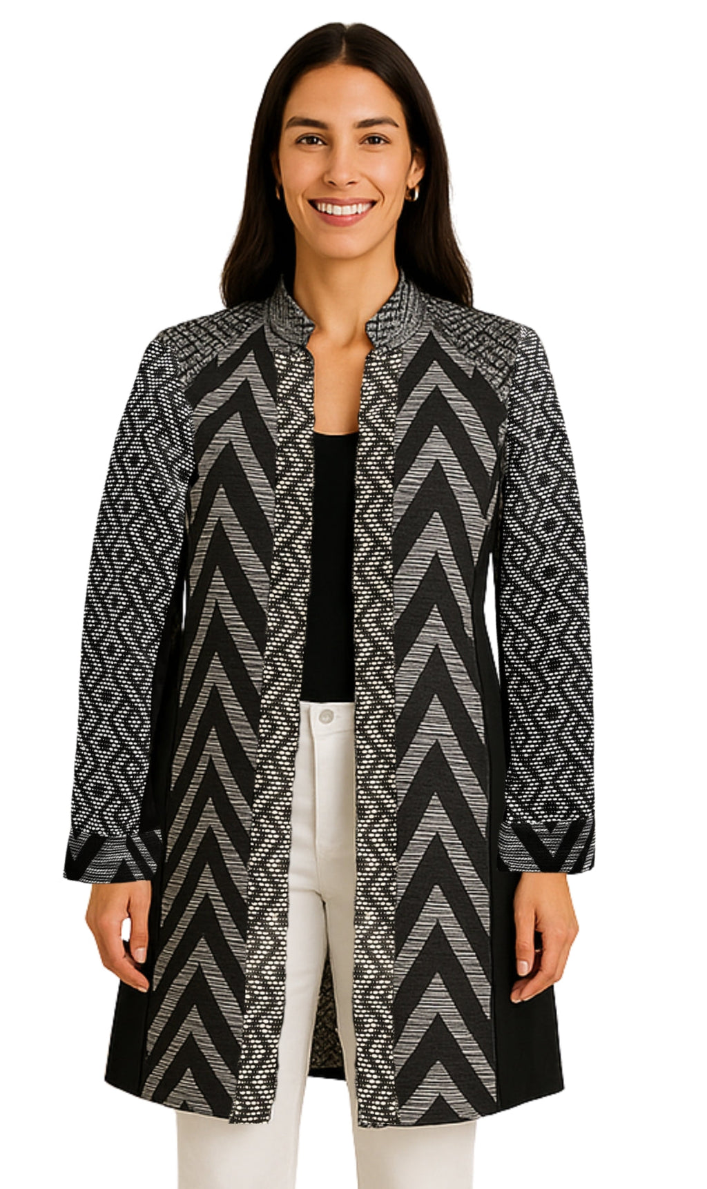 Modern women's mixed media open front jacket with a stand collar in black.