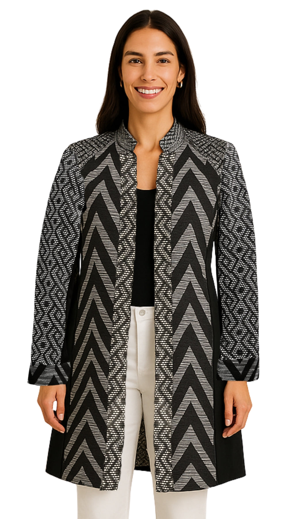 Modern women's mixed media open front jacket with a stand collar in black.