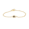 10K Yellow Gold Blue Sapphire and Diamond Accent Evil Eye Station Link Bracelet  (H-I Color, I1-I2 Clarity) - Size 7"