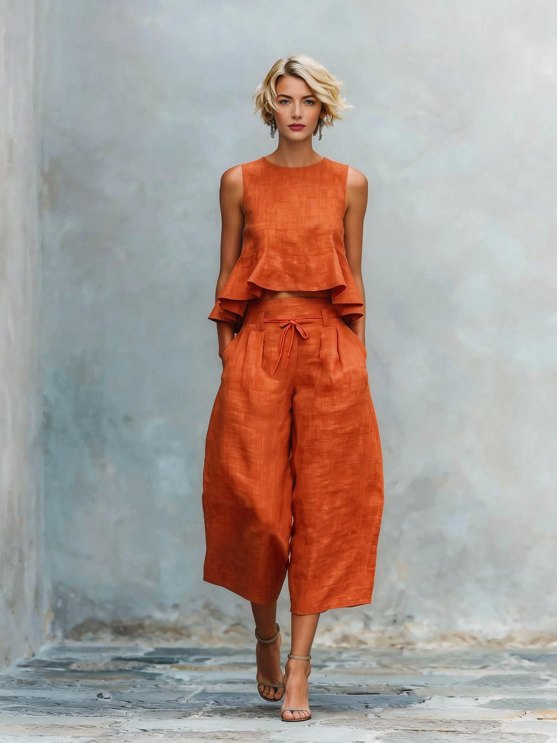 Women's Linen-Blend Sleeveless Ruffled Top and Cropped Pant Set