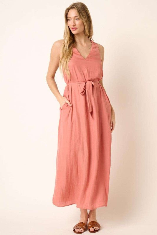 Cross Back Belted V Neck Tank Maxi Dress for Elegant Events
