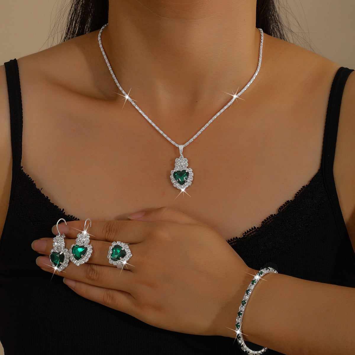 European And American Wholesale Four-Piece Set Of Diamond-Encrusted New Heart-Shaped Water Drop Rhinestone Necklace Earrings Ring Four-Piece Set For Women Cross-Border