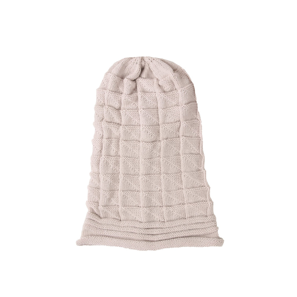 Wool Pleated Cuffed Knit Beanie – Flat Top Grid Pattern Winter Hat