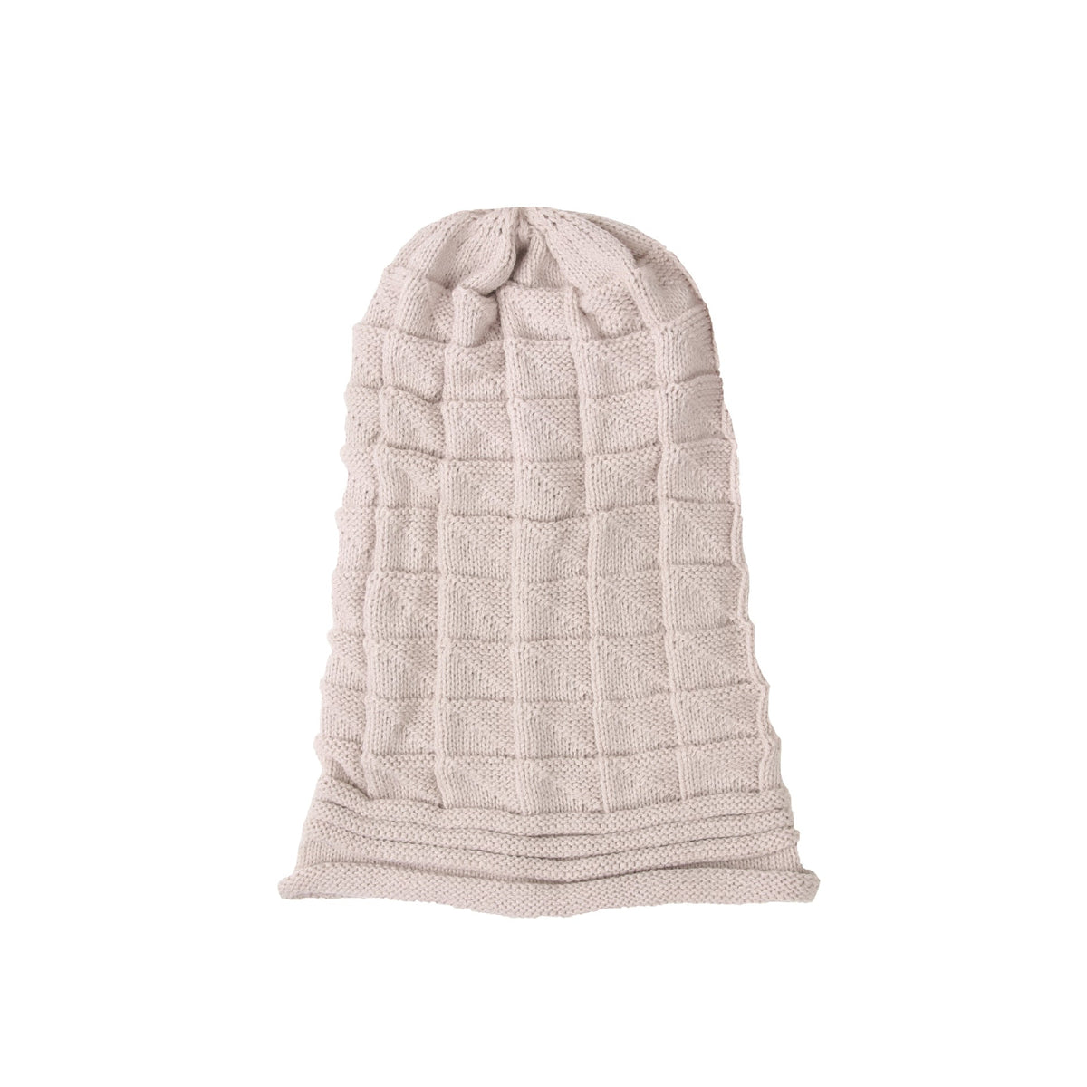 Wool Pleated Cuffed Knit Beanie – Flat Top Grid Pattern Winter Hat