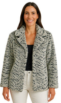 Women's animal print swing jacket in grey and black with single button closure and faux fur lining