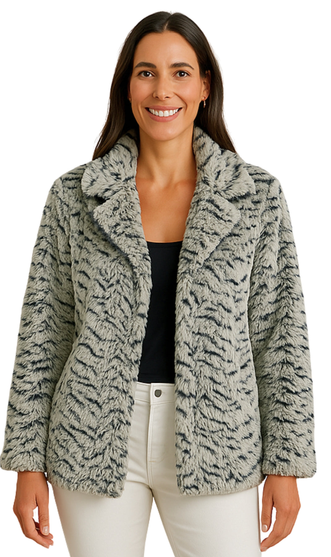 Women's animal print swing jacket in grey and black with single button closure and faux fur lining