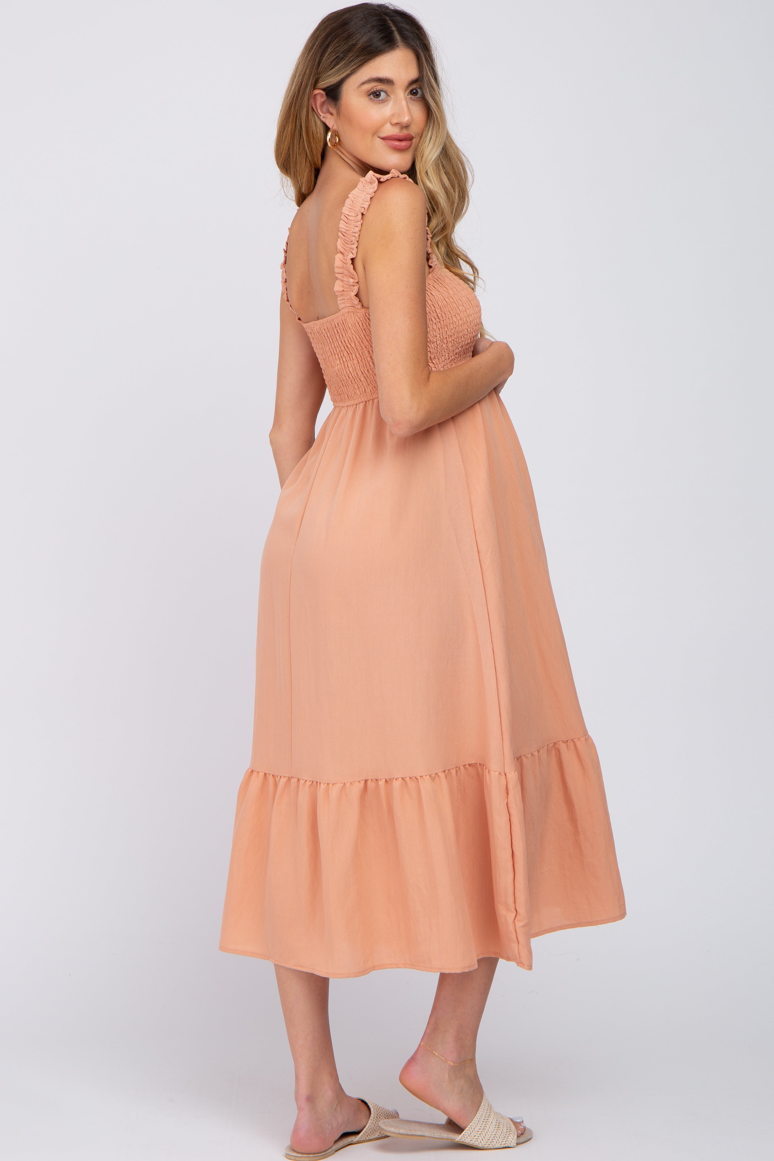 Peach Smocked Maternity Midi Dress - Final Sale