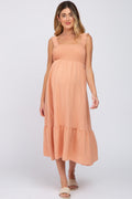 Peach Smocked Maternity Midi Dress