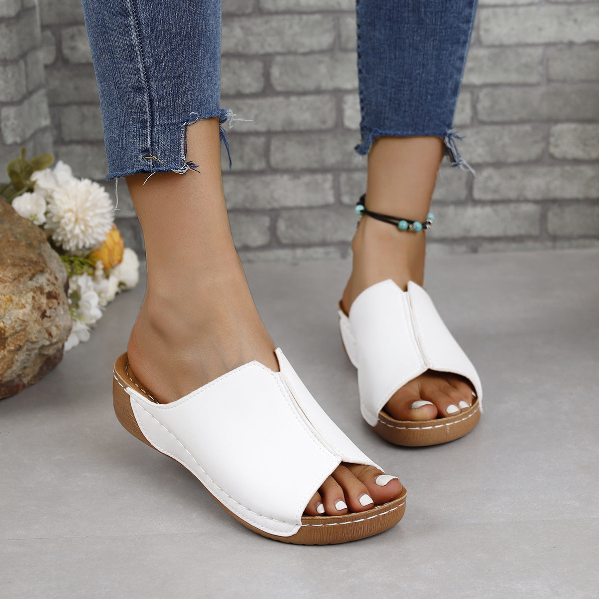 Women's Comfortable PU Leather Open Toe Low Heel Slide Sandals - Image 10