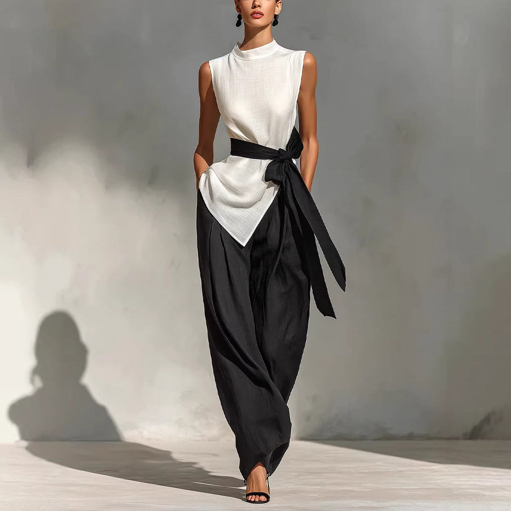 Women's Sleeveless Top and Wide-Leg Pants Set in White and Black