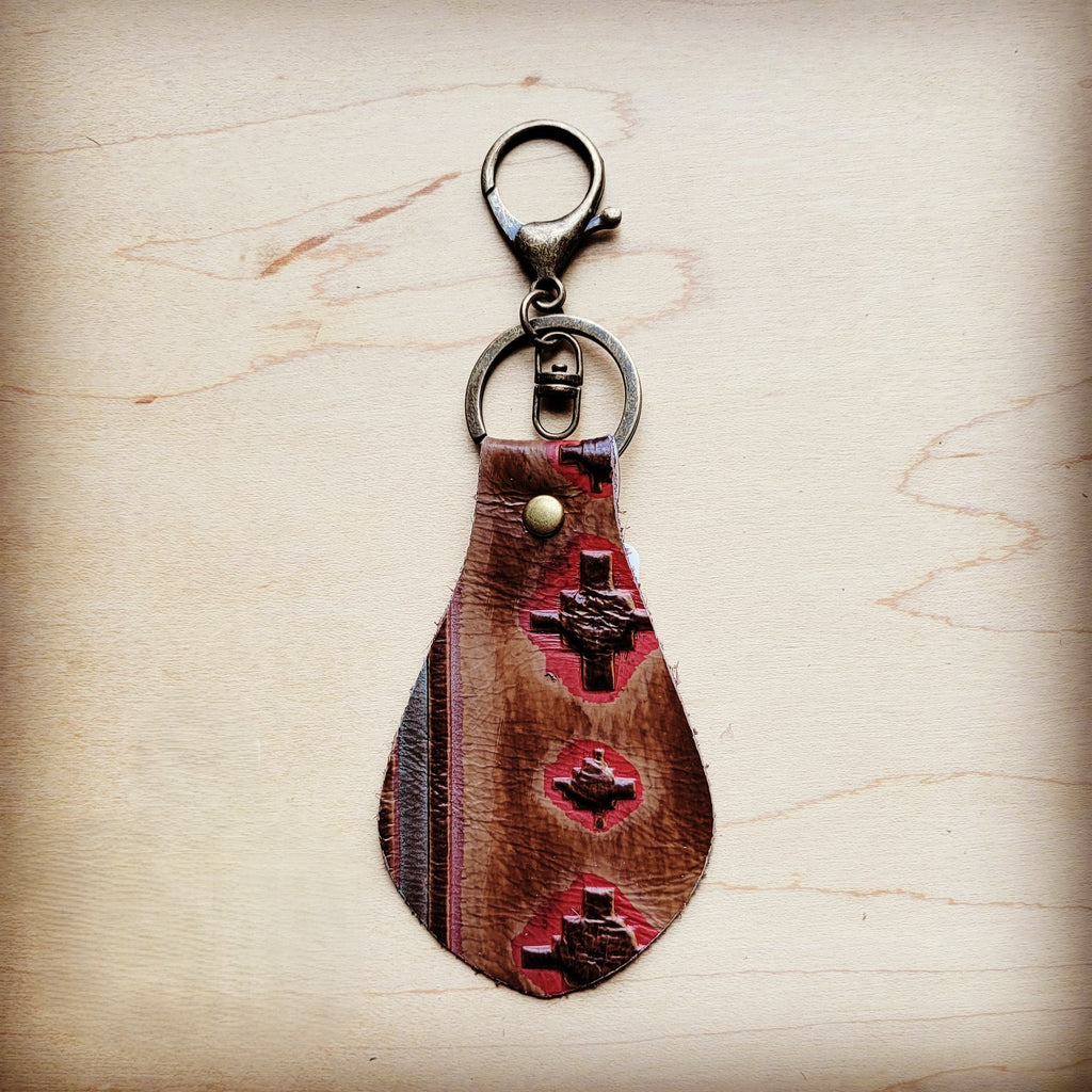 Red Brown Navajo Leather Keychain with Gold Tone Hardware - Image 3
