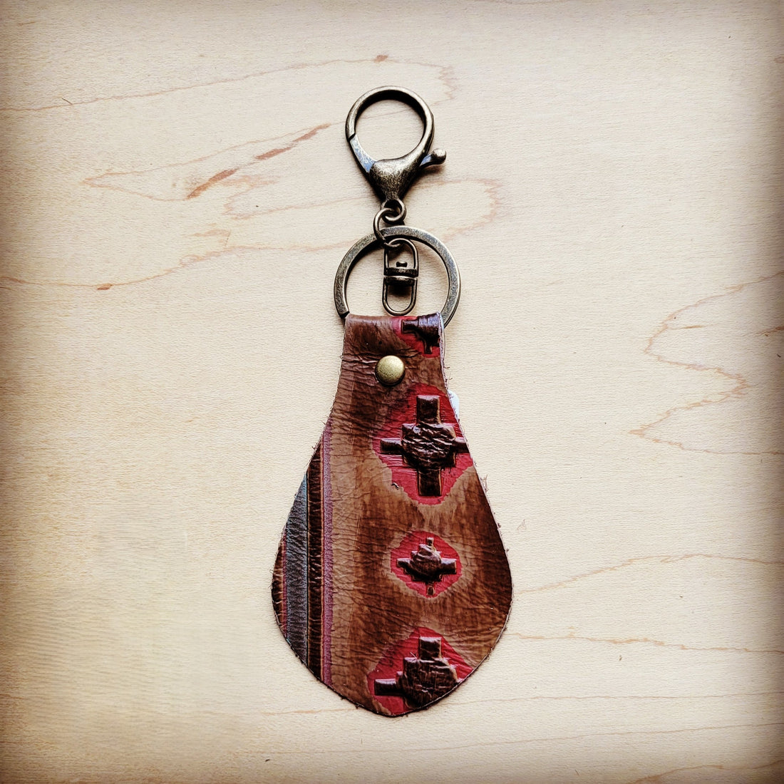Red Brown Navajo Leather Keychain with Gold Tone Hardware - Image 3