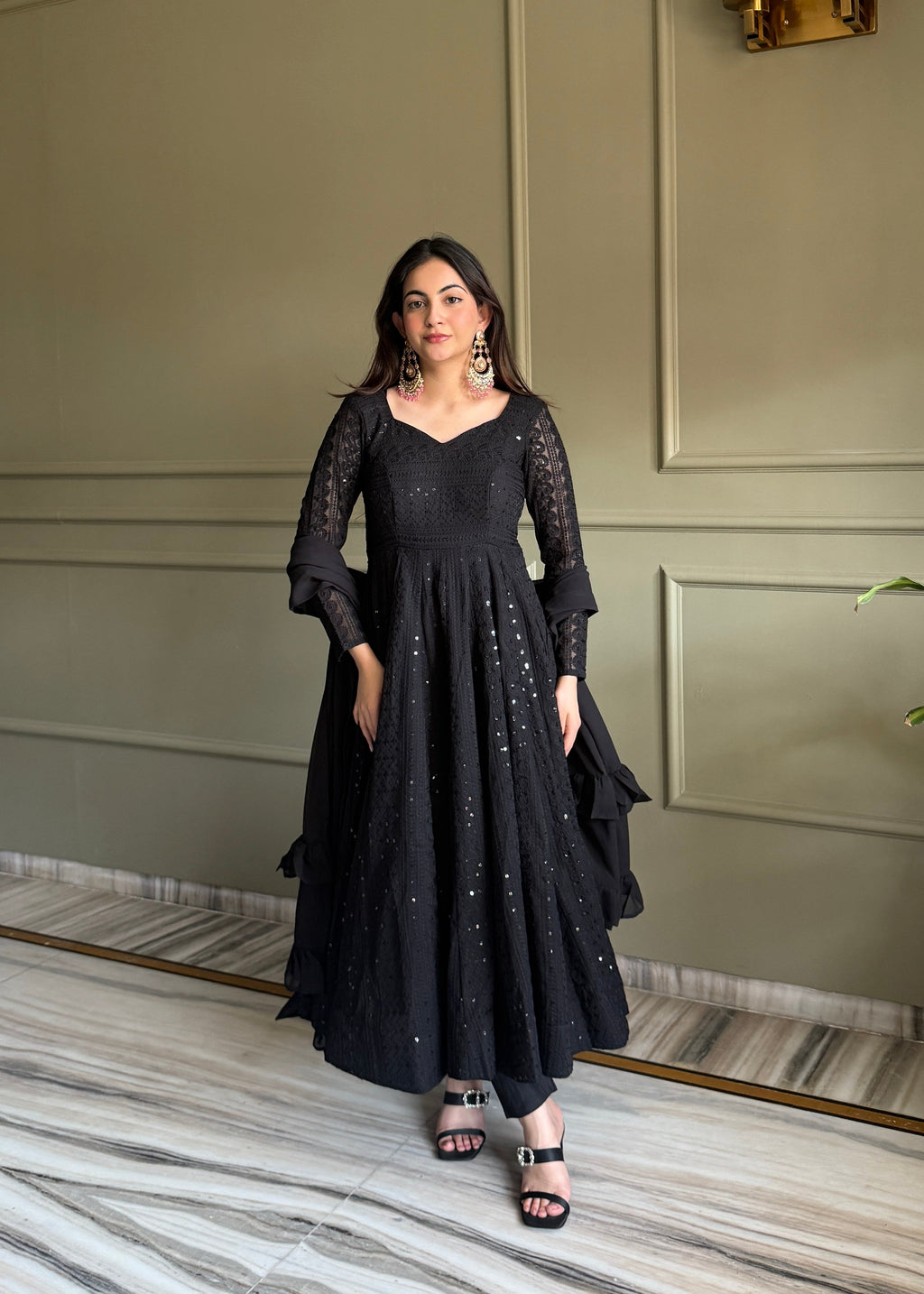 Black Faux Georgette Anarkali Gown with Lucknowi Sequence Work