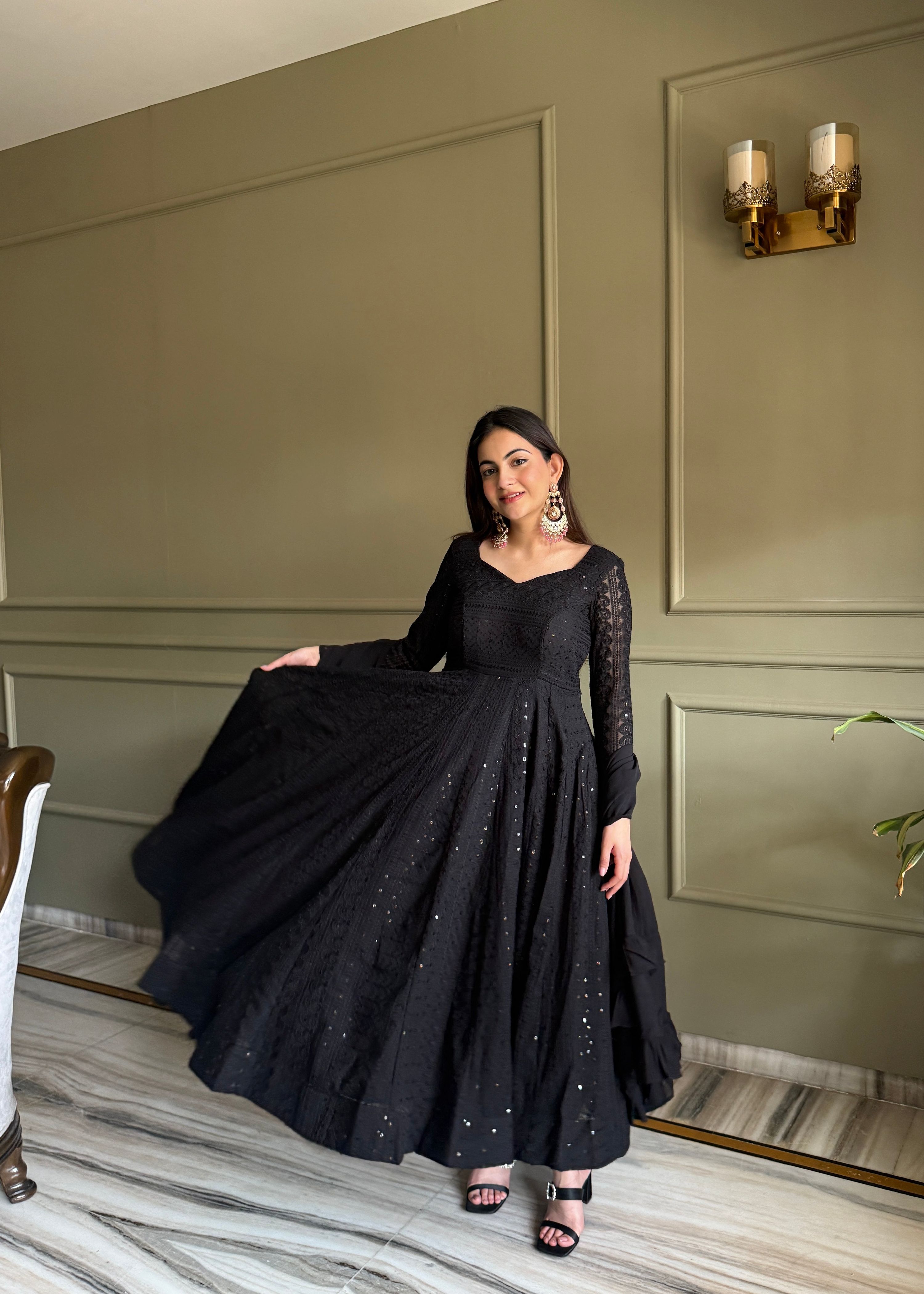 Black Faux Georgette Anarkali Gown with Lucknowi Sequence Work