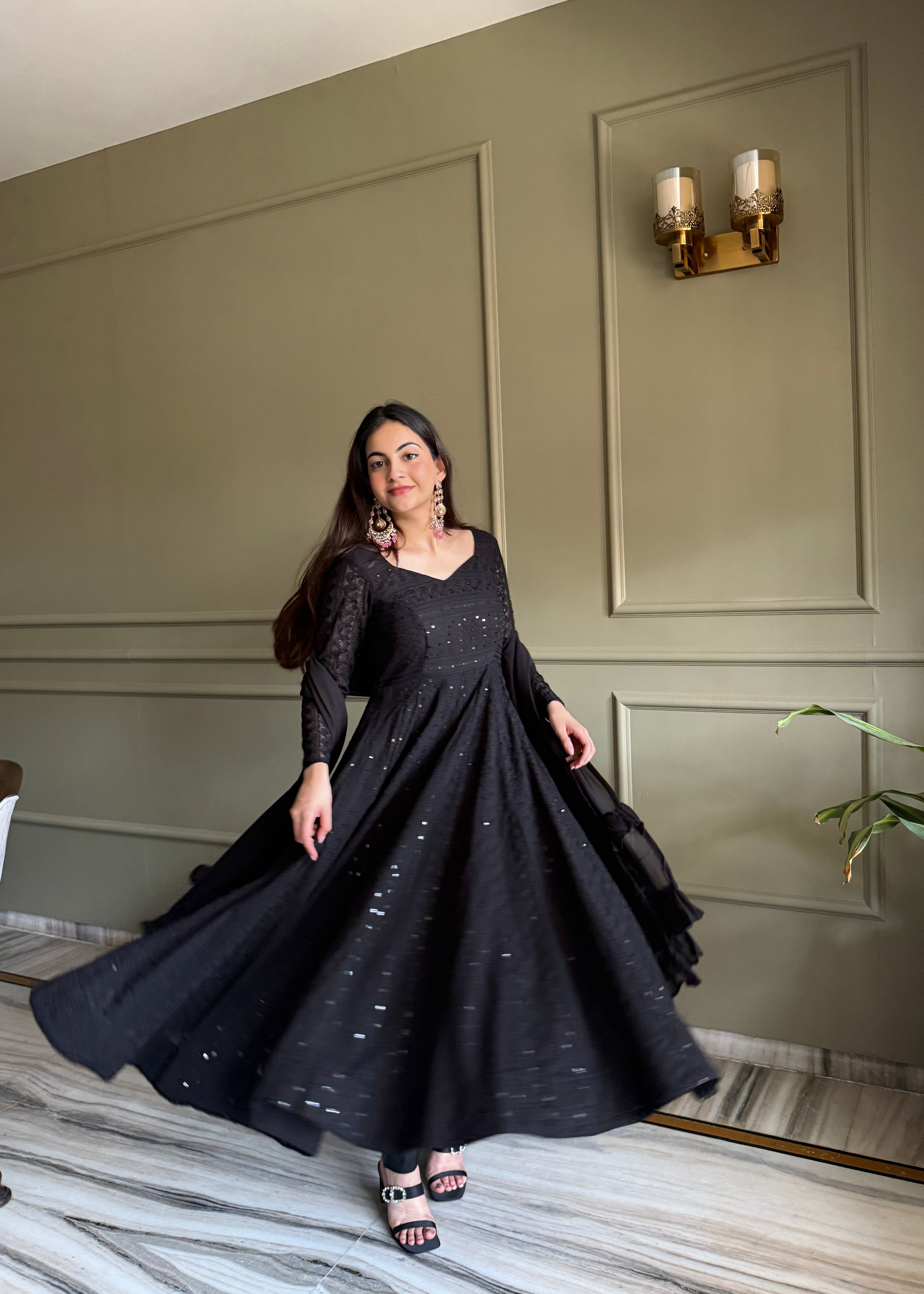 Black Faux Georgette Anarkali gown with detailed Lucknowi sequence and thread embroidery