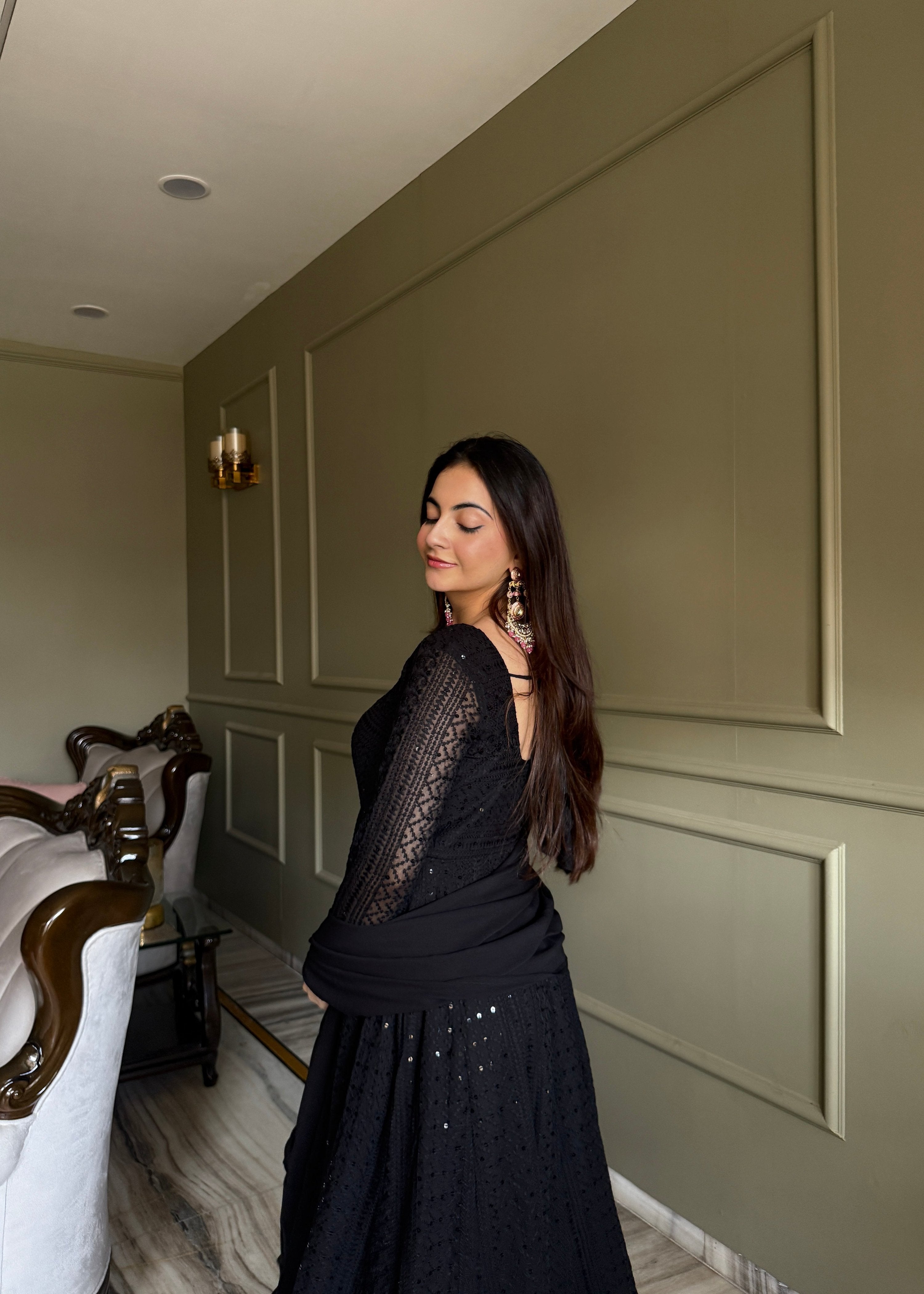 Black Faux Georgette Anarkali Gown with Lucknowi Sequence Work