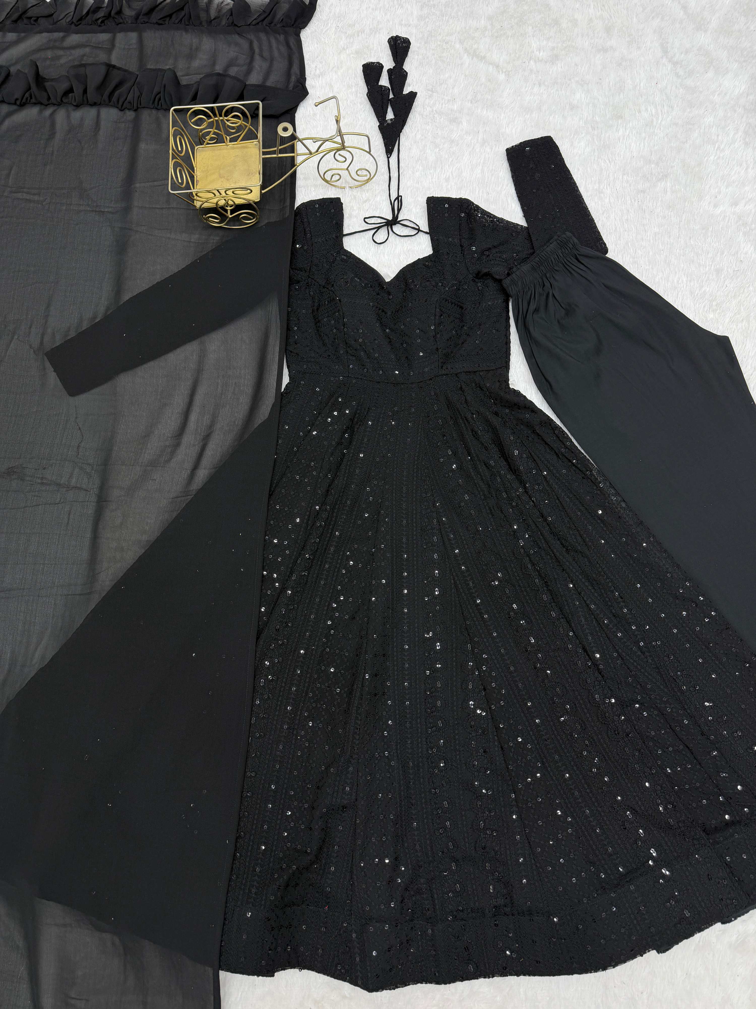 Black Faux Georgette Anarkali Gown with Lucknowi Sequence Work
