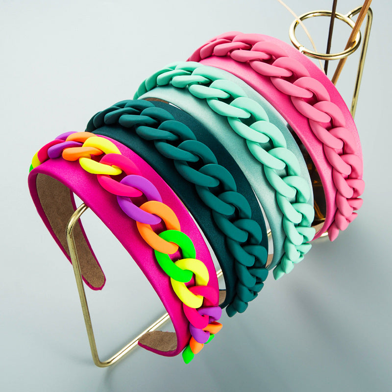Vibrant Wide Braided Headband with Macaron Color Chain - Image 2