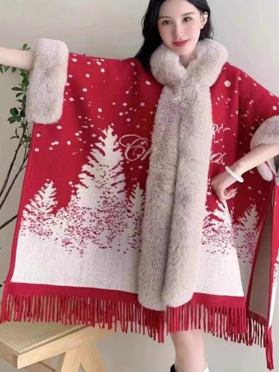 Women's Knitted Hooded Poncho with Fur Trim & Tassels for Winter