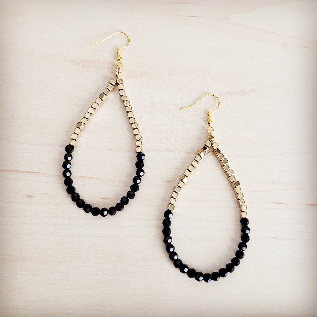 Black Onyx and Gold-Tone Beaded Teardrop Hoop Earrings