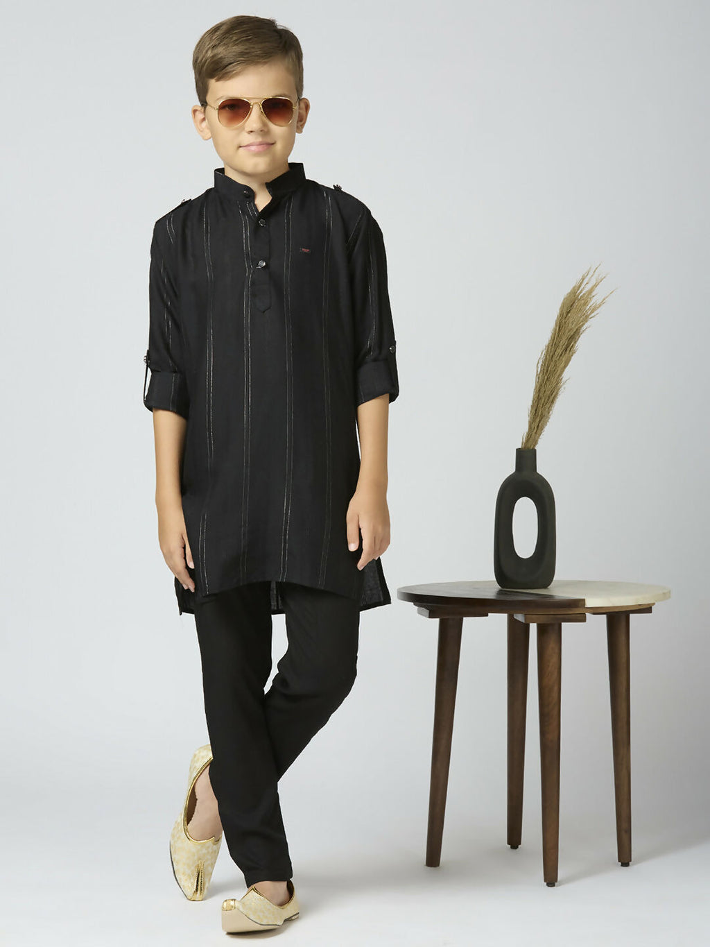 Boys black cotton kurta and pyjama set with subtle striped detail