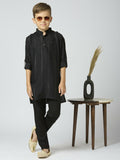 Boys black cotton kurta and pyjama set with subtle striped detail