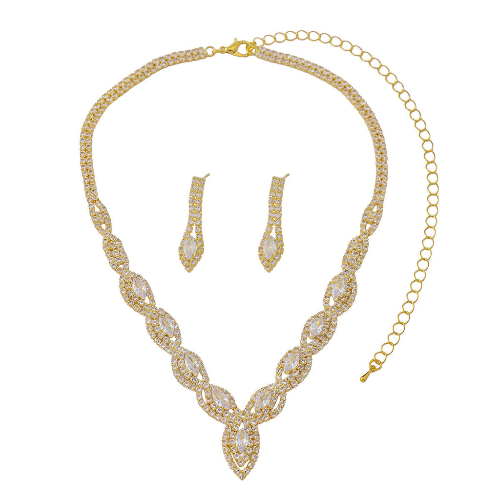 Women 2 Pcs Gold Tone Twisted Marquise Rhinestone Jewelry Set,Necklace And Dangle Earrings,Elegant Bridal Costume Accessories For Wedding Banquet Party Occasion