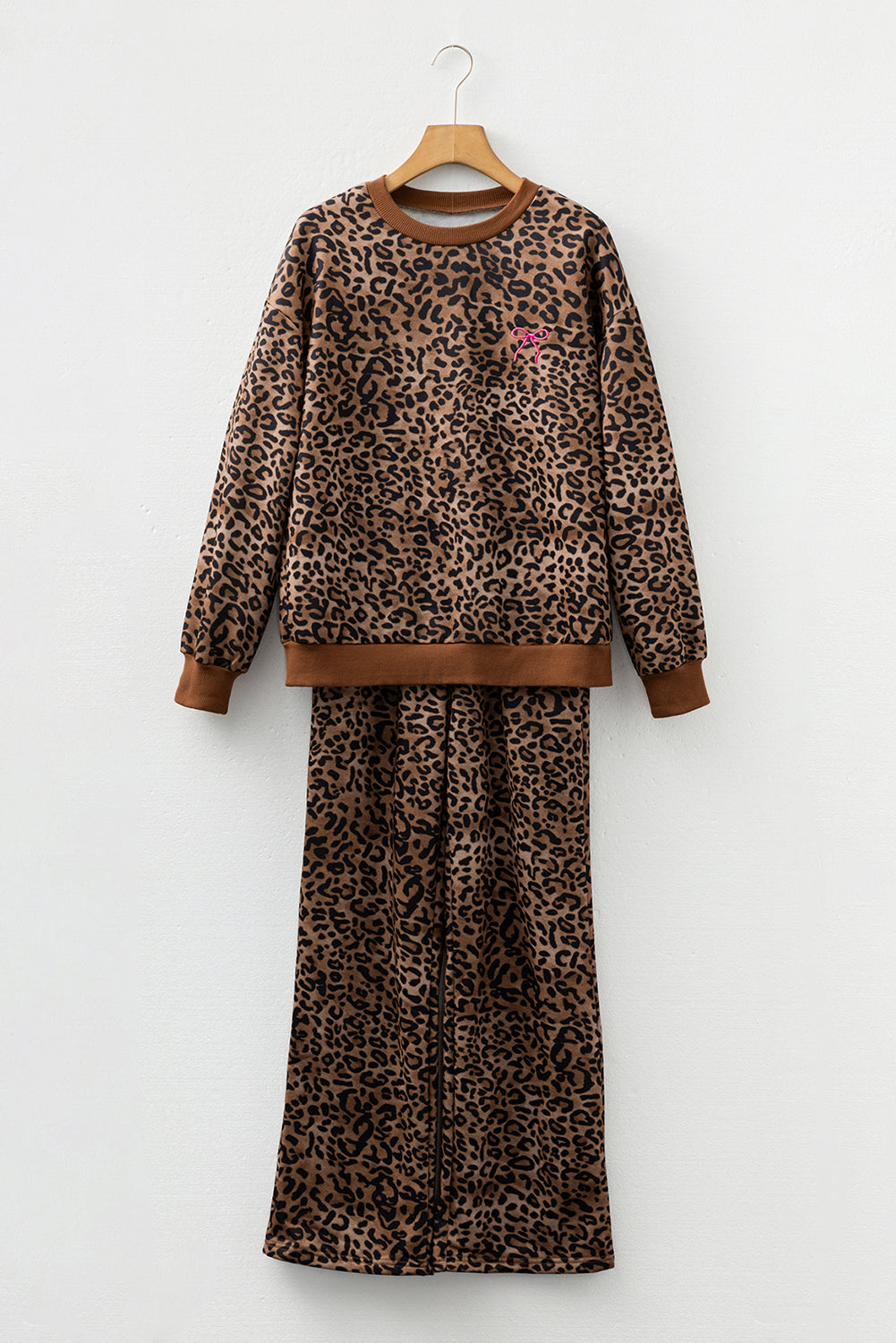 Leopard Bow Embroidered Top and Pants Set