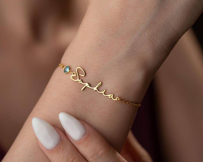 Personalized Cursive Name & Birthstone Bracelet Minimalist Jewelry