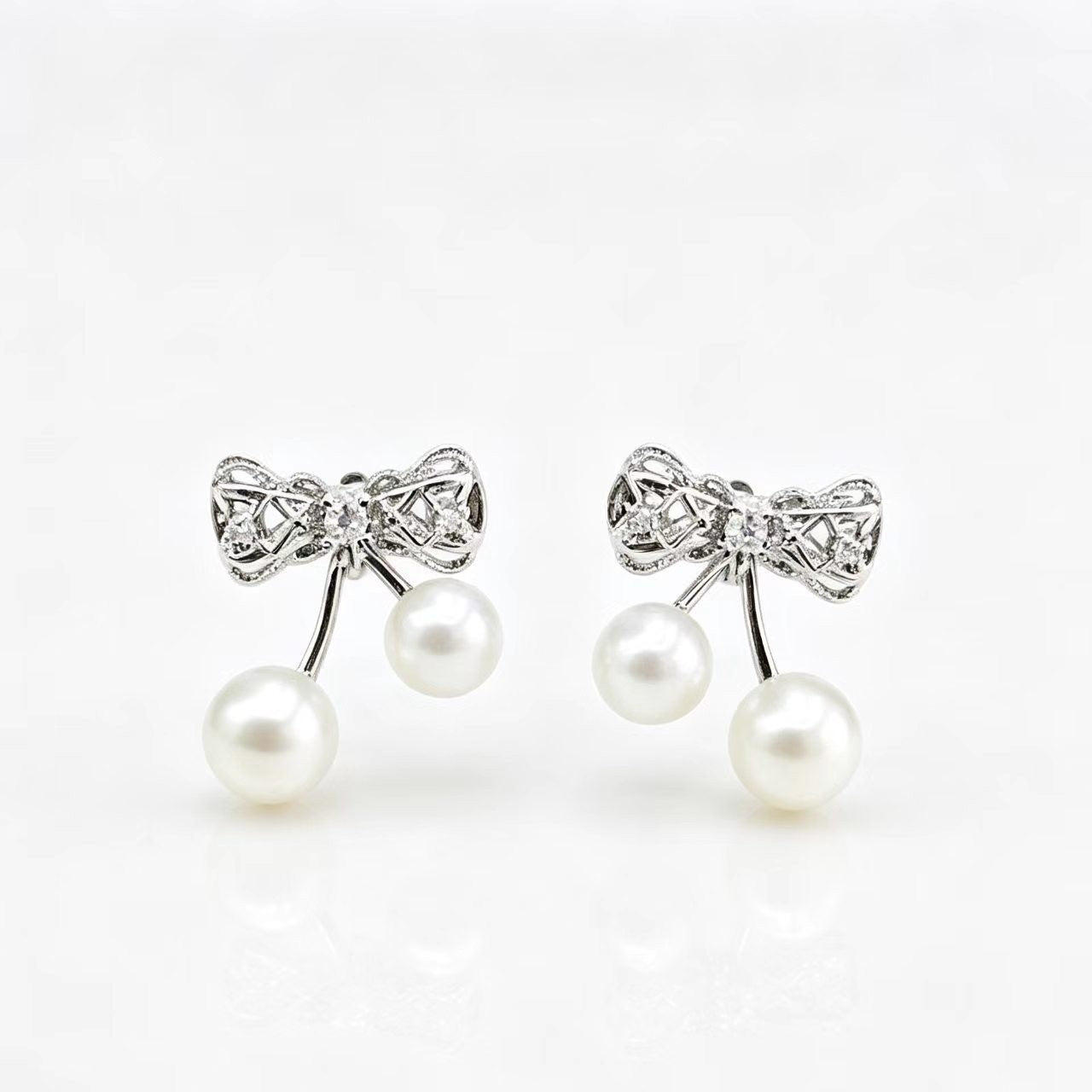 Bow-knot Diamond-studded Pearl Womens Earrings