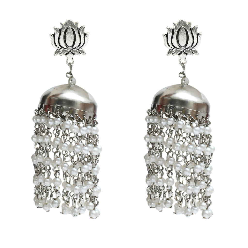 Elegant lotus design Jhumka earrings for women featuring decorative white pearls