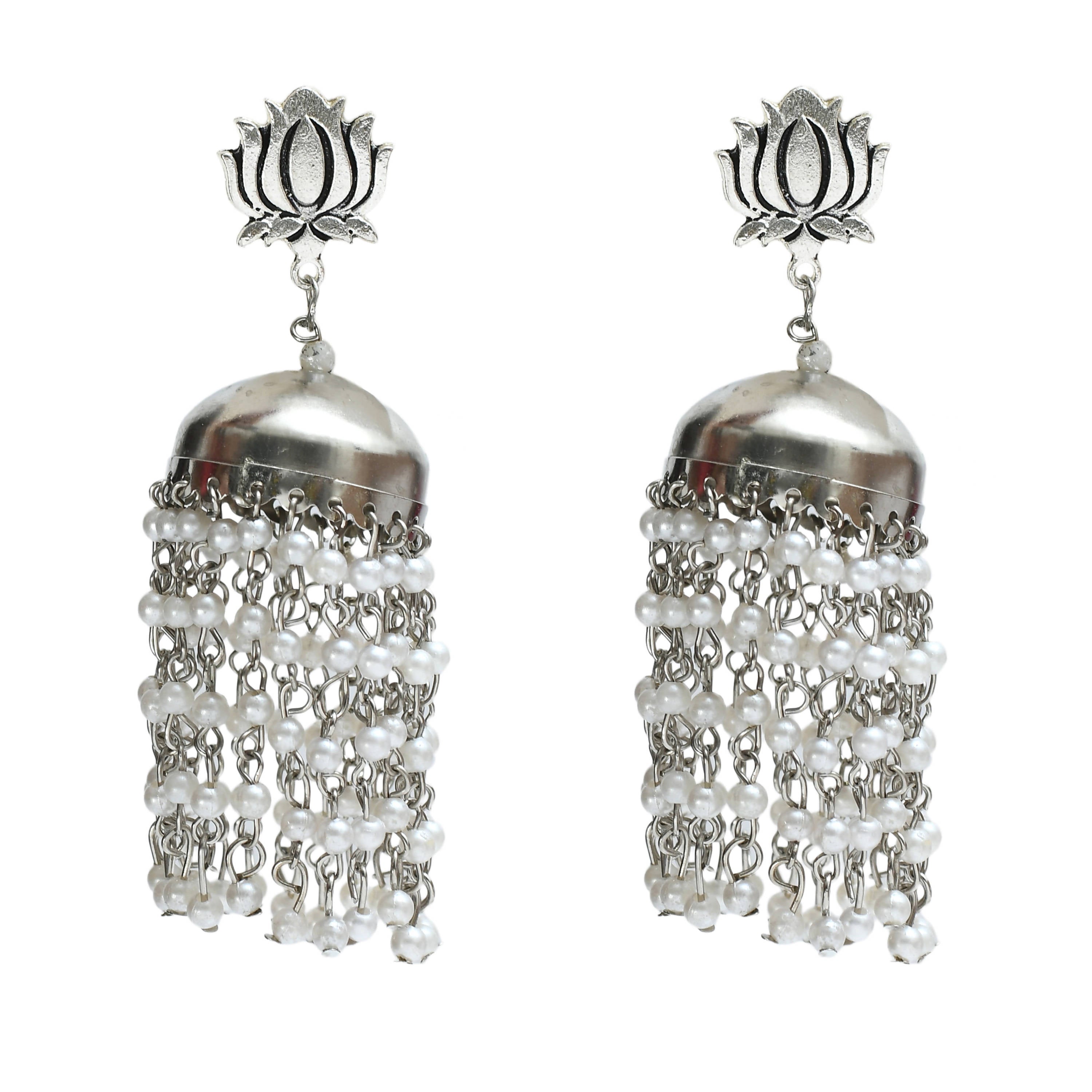 Elegant lotus design Jhumka earrings for women featuring decorative white pearls