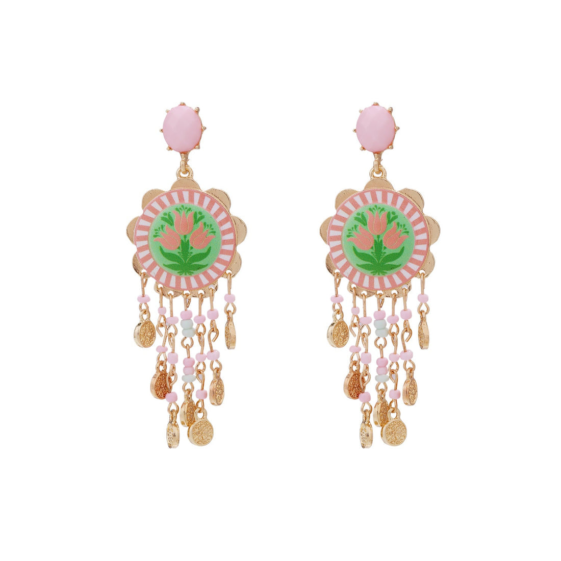 Waterfall Tassel Tulip-Print Earrings, Bohemian Statement Jewelry