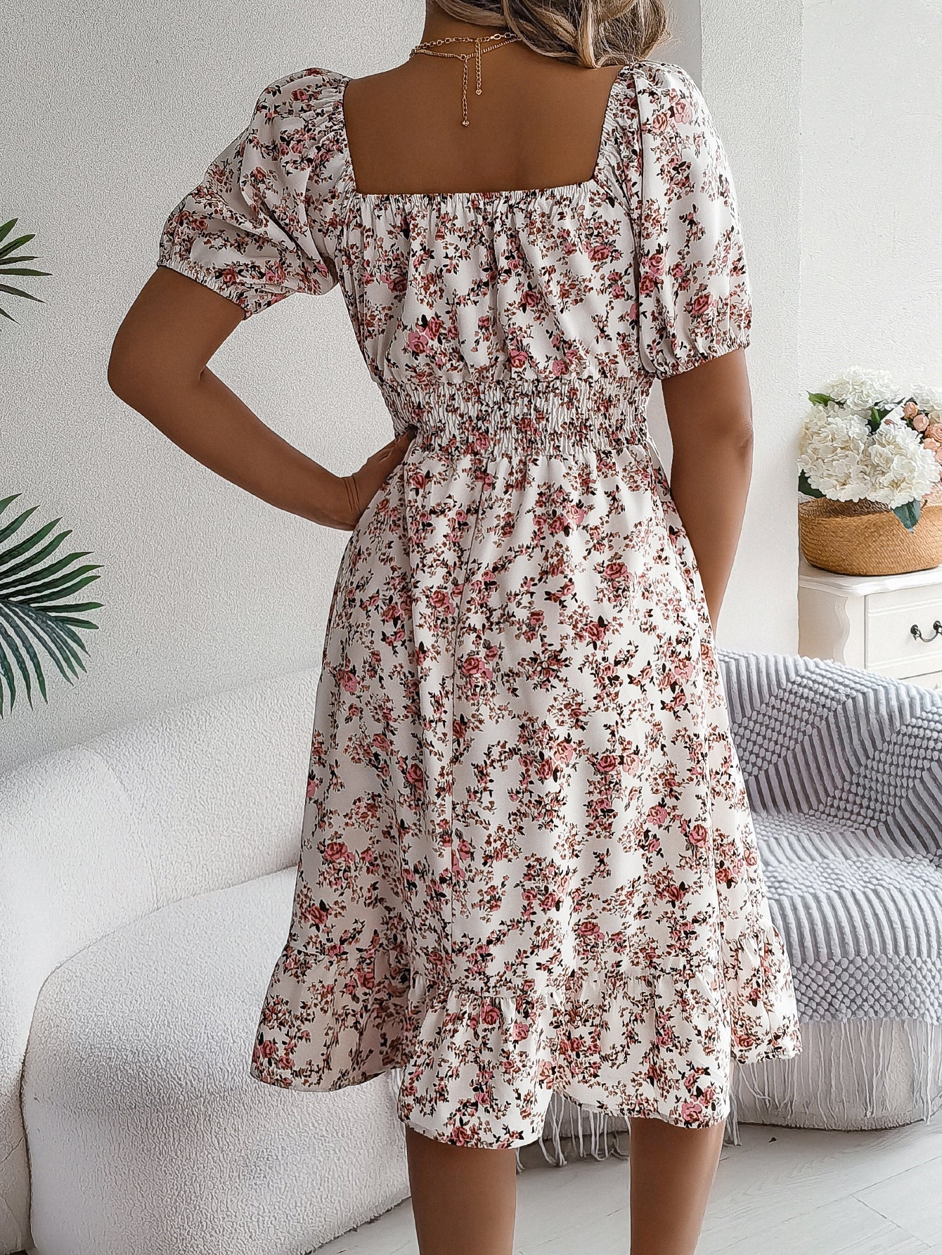 Floral Print Square Collar Ruffle Dress - Summer Fashion