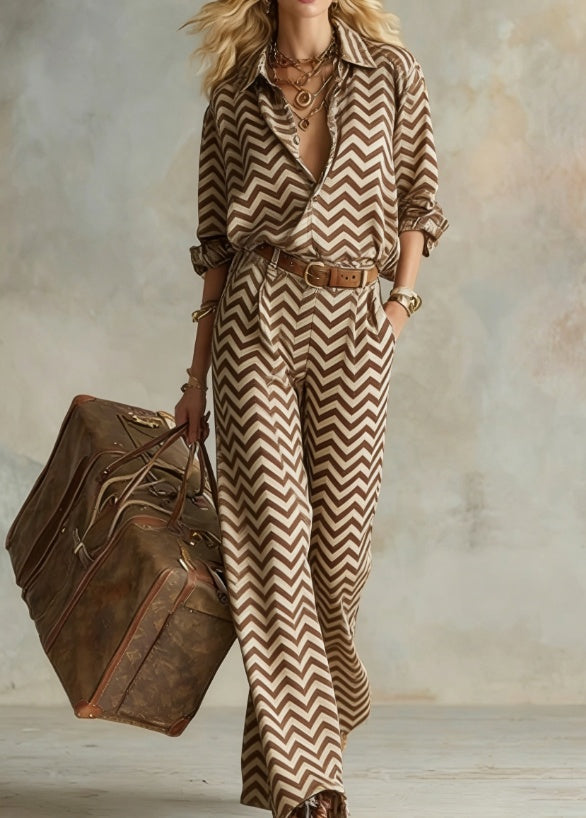 Women's Collared Long-Sleeve Shirt and Wide-Leg Pants Set - Image 2