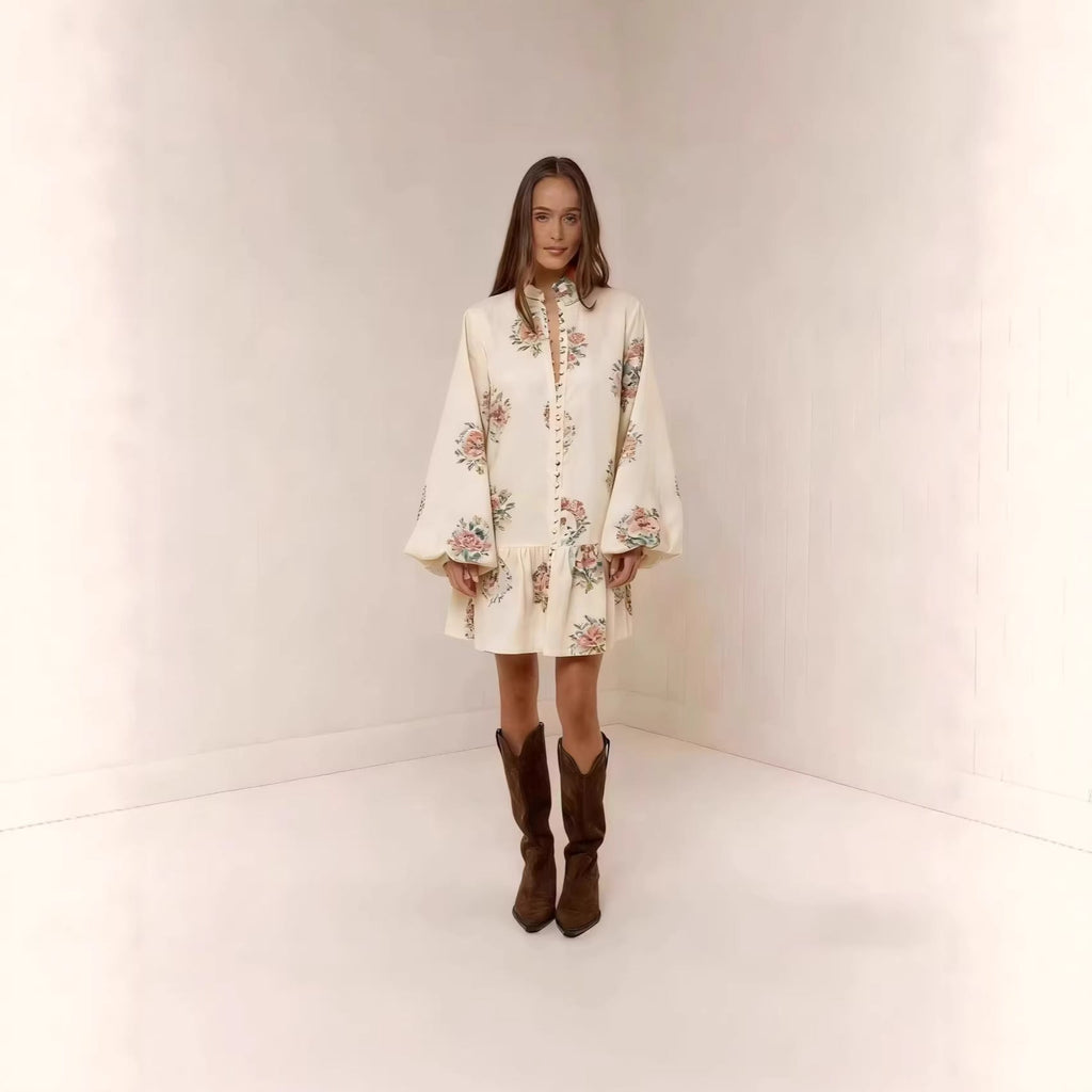 Floral Print Lantern Sleeve Mini Dress Button Front Linen Blend - Image 4
