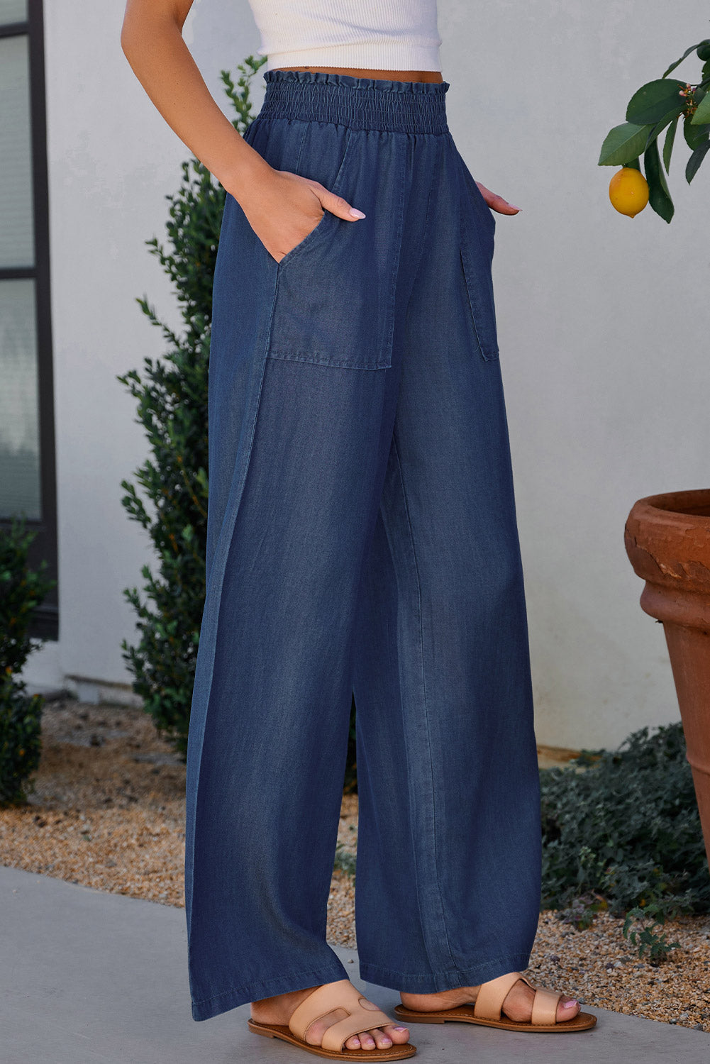 Women's Denim Blue Wide Leg Pants with Functional Pockets