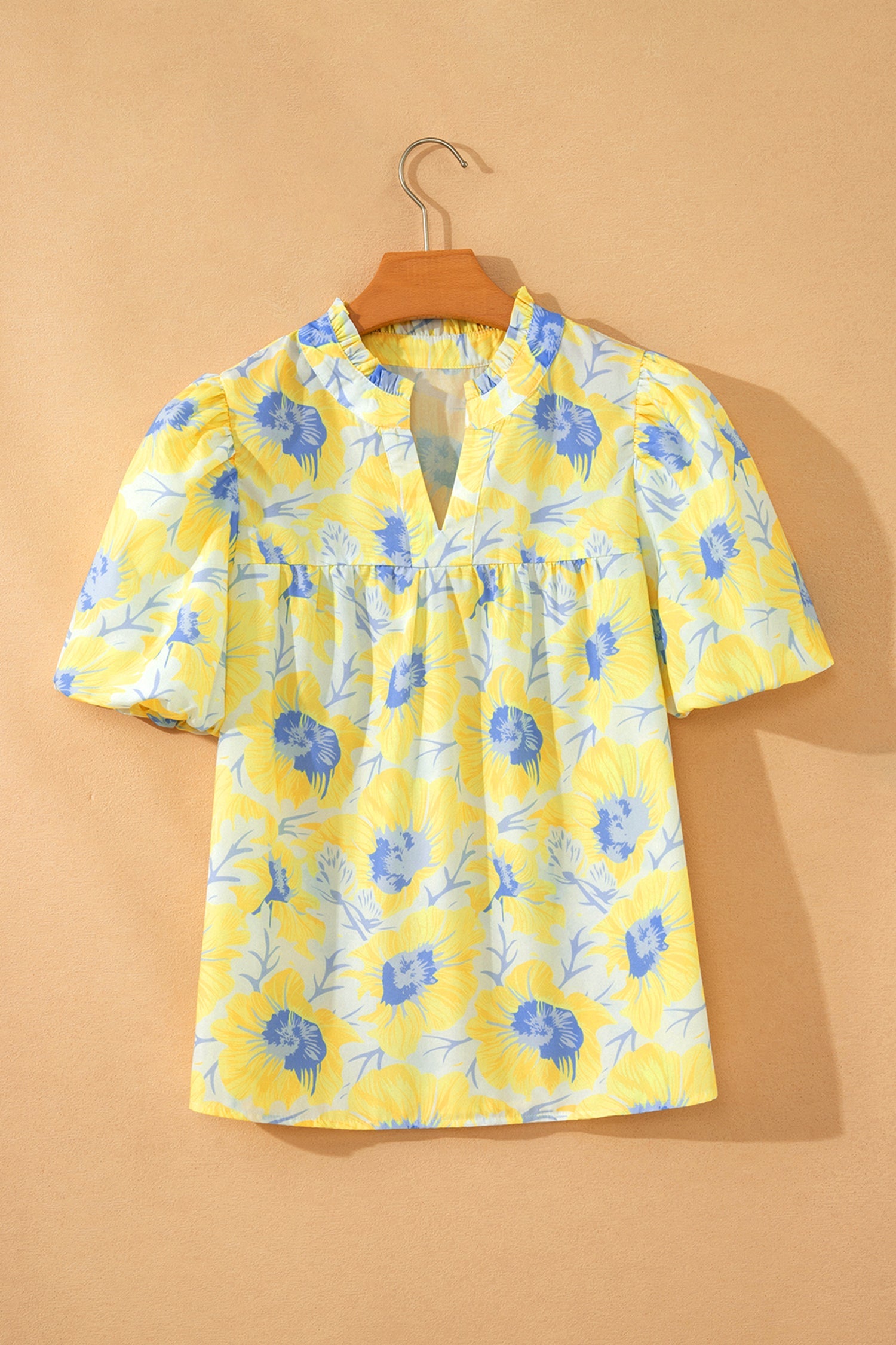 Yellow Floral Short Bubble Sleeve Summer Blouse