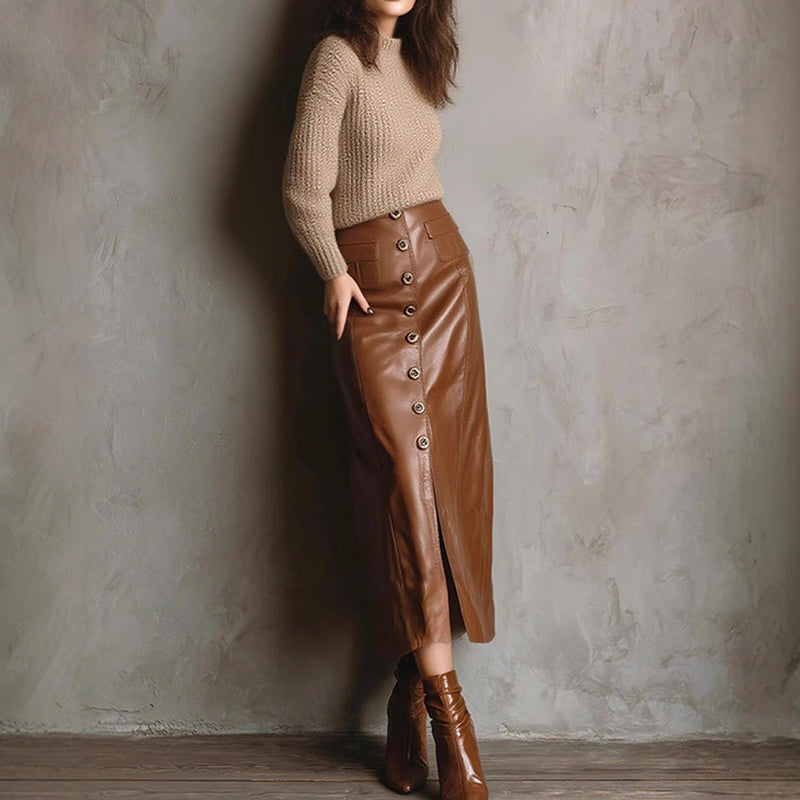 Women's Faux Leather High-Waisted Button Front Midi Skirt