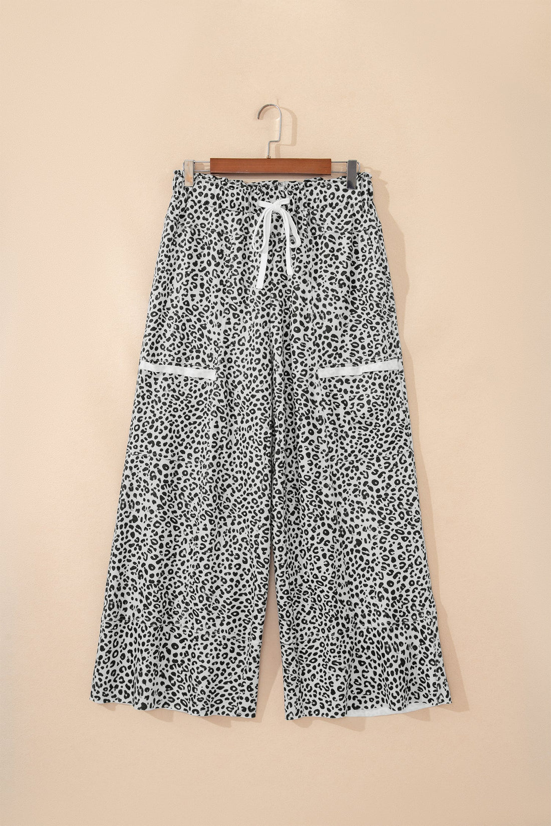 Women's Leopard Terry Knit Wide Leg Pants - High Rise Pull-On