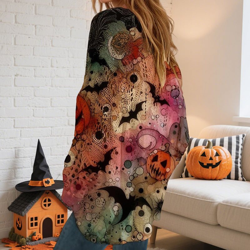 Women’s Halloween Pumpkin Print Batwing Sweater Loose Knit Top