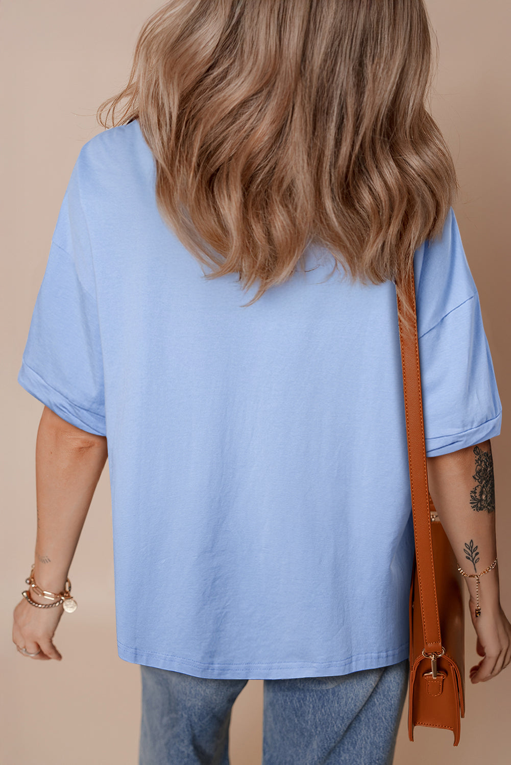 Myosotis Loose Half Sleeve Hi-Low T-Shirt | Light Blue Cotton